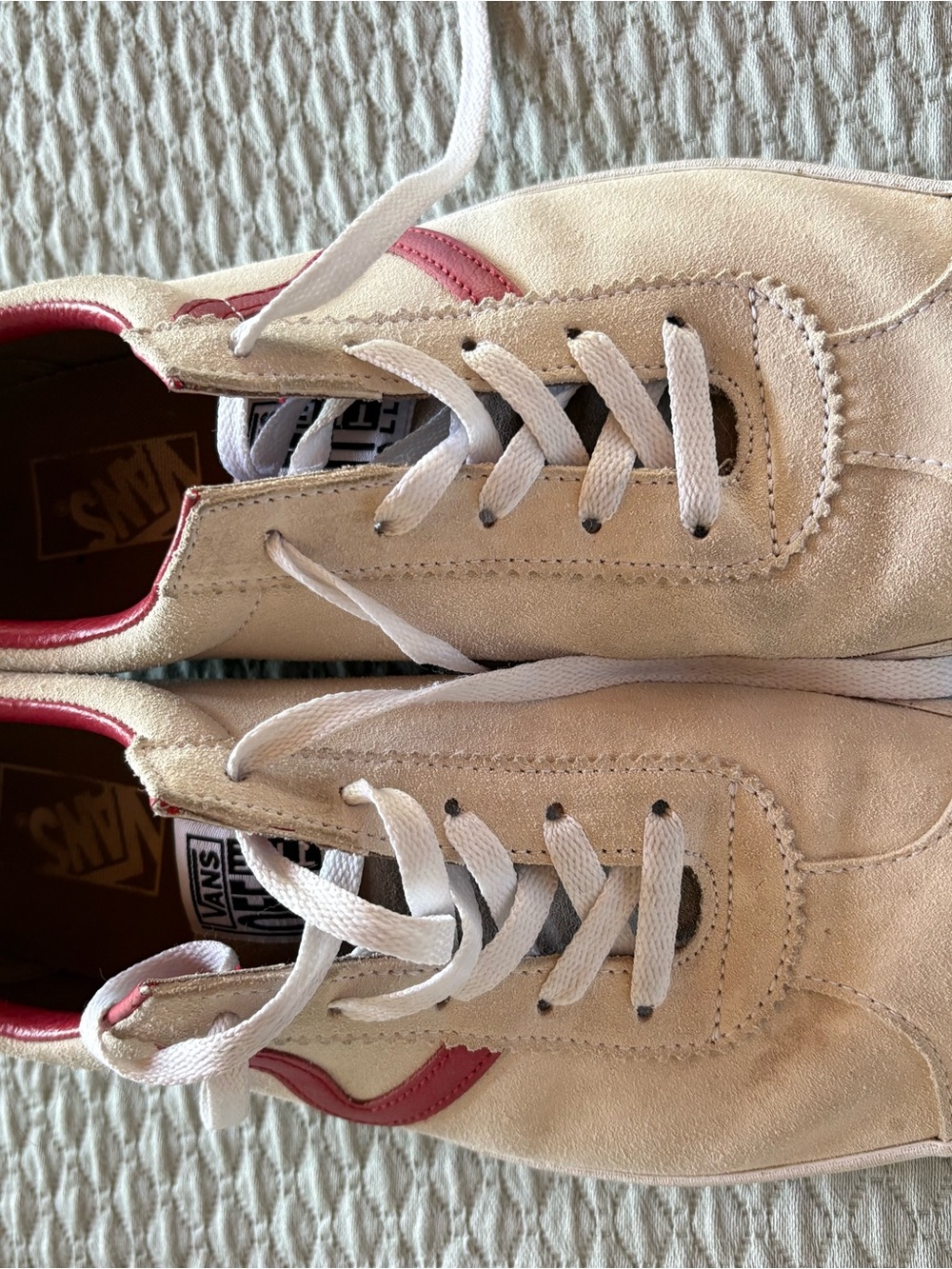 Vans Men’s Cream Suede Sneakers with Red Accent